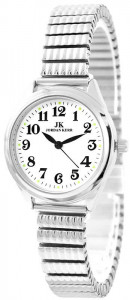 Mały Damski Zegarek Jordan Kerr Na Srebrnej Rozciągliwej Bransolecie - Czarne Kontrastujące Indeksy Na Białej Tarczy