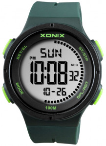 Wielofunkcyjny Sportowy Zegarek Marki XONIX - Elektroniczny Wyświetlacz LCD - Męski i Młodzieżowy - Wodoszczelny 100m - Podświetlenie, Stoper, Timer, Budzik, Sygnał Pełnej Godziny - Zielony