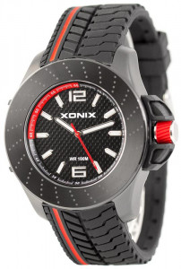 Porządny Męski Zegarek Wskazówkowy XONIX - Wodoszczelny 100m - Mocny Syntetyczny Pasek - Czarny + Czerwone Elementy