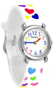 Biały Zegarek Dziecięcy Dla Dziewczynki FANTASTIC - Ozdobiony Kolorowymi Serduszkami 