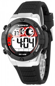Uniwersalny Zegarek Elektroniczny XONIX Wodoszczelny 100m - Wielofunkcyjny - Stoper, Timer, Data, Podświetlenie, Druga Strefa Czasowa - Czarny + Czerwone Elementy