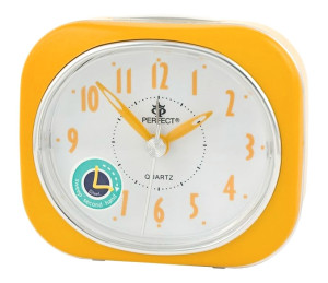 Klasyczny Zegarek / Budzik PERFECT z Płynącym Cichym Mechanizmem - Funkcja Drzemki - Podświetlenie - Kolor Żółty