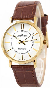 Stylowy Zegarek Damski Jordan Kerr o Klasycznym Wyglądzie - Duże Złote Indeksy Na Białej Tarczy - Brązowy Skórzany Pasek