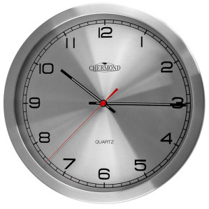 Metalowy Zegar Ścienny Marki CHERMOND - Srebrny - Szczotkowane Aluminium - Czarne Elementy i Czerwona Wskazówka Sekundowa