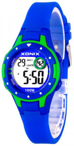 Mały Zegarek Na Każdą Rękę XONIX - Wodoszczelny 100m - Damski, Dla Dziewczynki i Chłopca - Elektroniczny i Wielofunkcyjny - Syntetyczny Matowy Pasek - Antyalergiczny - NIEBIESKI z Zielonymi Dodatkami - Idealny Na Prezent + Pudełko