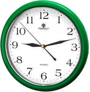 Okrągły Zielony Zegar Na Ściane z Cichym Mechanizmem Marki Perfect - Zasilany Bateriami - Wyraźna Biała Tarcza z Czarnymi Indeksami - 25cm Średnicy