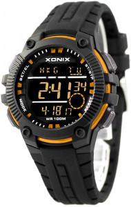 Sportowy Zegarek Wielofunkcyjny XONIX WR100m - Męski i Dla Chłopaka - Elektroniczny Wyświetlacz z Podświetleniem - 8x Alarm, 15x Stoper, 3x Timer, Czas Światowy Dla 24 Stref - Czarny Syntetyczny Pasek + Pudełko