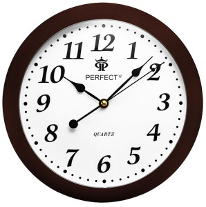 Zegar Ścienny PERFECT - Cichy Płynący Mechanizm - Brązowa Ramka Biała Tarcza - Okrągły 28cm Średnicy