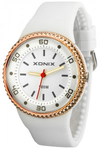 Damski i Młodzieżowy Zegarek Sportowy XONIX - Analogowy, Wodoodporny WR100m - Syntetyczny Pasek - Antyalergiczny - Pudełko - Biało Złoty