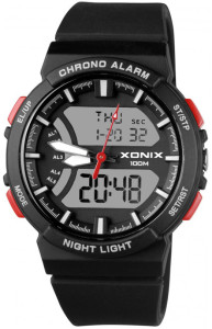 Sportowy Zegarek XONIX - LCD + Wskazówki - Wodoszczelność 100m - Młodzieżowy / Damski - Wielofunkcyjny - 5 Niezależnych Alarmów - Timer - Stoper - Podświetlenie – Czarny