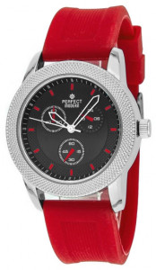 Damski Zegarek PERFECT - Syntetyczny Czerwony Pasek - Koperta Zdobiona Frezowanym Wzorem Przechodzącym Na Tarcze