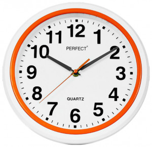Biały Zegar Ścienny PERFECT - Pomarańczowe Dodatki - Czytelna Tarcza