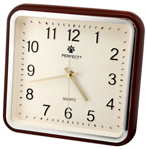 Oryginalny Wskazówkowy Zegar Ścianny PERFECT - Kwadratowy - Klasyczny Wygląd - Cichy Płynący Mechanizm - Beżowa Tarcza, Brązowa Obudowa - 27,8cm Wysokości