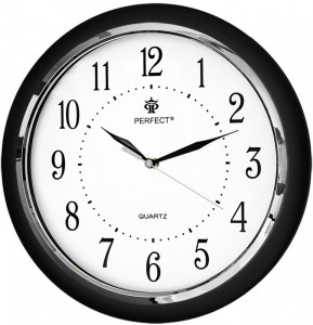 Czarny Zegar Ścienny PERFECT z Cichym / Płynącym Mechanizmem - 31,5cm Średnicy - Duże Czarne Indeksy Na Białej Tarczy