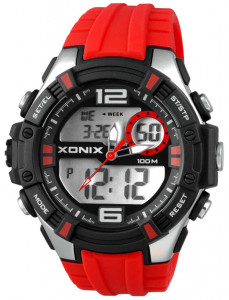 Duży Męski / Młodzieżowy Zegarek XONIX - Sportowy - Wielofunkcyjny – Stoper 100 Międzyczasów , Timer, Budzik - Cyfrowy z Podświetleniem + Wskazówki – Czerwony
