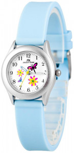 Mały Zegarek Dla Dziewczynki Jordan Kerr - Zdobiona Kolorowymi Kwiatkami Tarcza - Jasnoniebieski Pasek