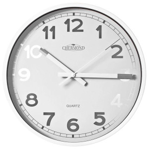 Bardzo Duży Luksusowy Zegar Ścienny CHERMOND - 35cm Średnicy - 3cm Srebrne Indeksy Godzin Na Białej Tarczy - Biała Metalowa Obudowa
