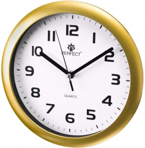 Klasyczny Zegar Ścienny PERFECT - Biała Tarcza z Czarnymi Cyframi - Analogowy Na Baterie - Do Pokoju Gabinetu Kuchni Sypialni - 25cm - Złoty