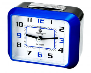 Mały Wskazówkowy Zegarek z Budzikiem PERFECT - Funkcja 4 minutowej drzemki - Podświetlana Biała Tarcza, Niebieska Obudowa - 7,2cm Wysokości
