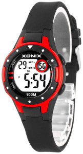 Mały Zegarek Na Każdą Rękę XONIX - Wodoszczelny 100m - Damski, Dla Dziewczynki i Chłopca - Elektroniczny i Wielofunkcyjny - Syntetyczny Matowy Pasek - Antyalergiczny - CZARNY z Czerwonymi Dodatkami - Idealny Na Prezent + Pudełko