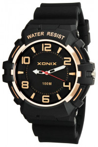 Wskazówkowy Zegarek XONIX z Podświetleniem - Syntetyczny Pasek - Męski i Młodzeżowy - Czarny + Różowe Złoto - Pudełko