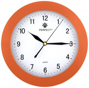 Zegar Ścienny Marki PERFECT  Z Pomarańczową Szeroką Ramką - Okrągły - Cichy, Płynący Mechanizm Na Baterie