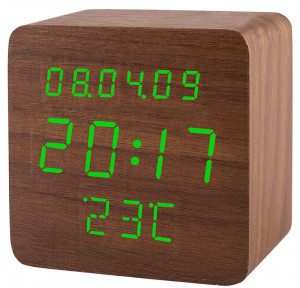 Mały Kwadratowy Budzik Drewniany XONIX - Wskazania Na Przemian Godzina Data Temperatura - Aktywacja Głosem - 3 Niezależne Alarmy - Regulacja Jasności Wyświetlacza - Kolor Brązowy