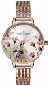 Zegarek Damski Jordan Kerr z Pięknie Zdobioną Tarczą - Rzymskie Cyfry - Metalowy Pasek / Bransoleta Typu Mesh - Różowe Złoto