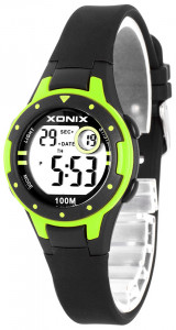 Mały Zegarek Na Każdą Rękę XONIX - Wodoszczelny 100m - Damski, Dla Dziewczynki i Chłopca - Elektroniczny i Wielofunkcyjny - Syntetyczny Matowy Pasek - Antyalergiczny - CZARNY z Jasnozielonymi Dodatkami - Idealny Na Prezent + Pudełko
