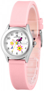 Mały Zegarek Dla Dziewczynki Jordan Kerr - Zdobiona Kolorowymi Kwiatkami Tarcza - Jasnoróżowy Pasek