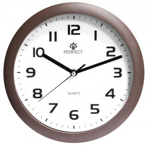 Klasyczny Zegar Ścienny PERFECT - Biała Tarcza z Czarnymi Cyframi - Analogowy Na Baterie - Do Pokoju Gabinetu Kuchni Sypialni - 25cm - Brązowy