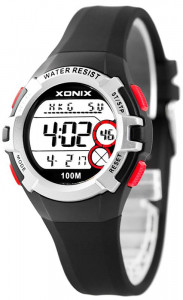 Sportowy Zegarek Elektroniczny XONIX - Uniwersalny Model - Wodoszczelny 100m - Zaawansowane Funkcje - Czas Światowy, 3x Alarm Dzienny, 5x Alarm Jednorazowy, Stoper 15 Międzyczasów, Timer 3 Interwały - Czarny - Boys