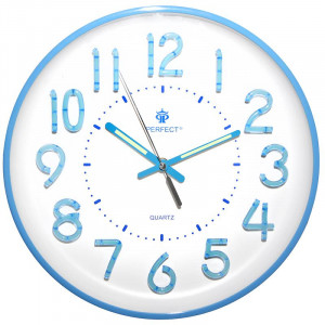 Zegar Ścienny PERFECT z Wypukłymi Indeksami Godzin Przypominającymi Neony - Cichy / Płynący Mechanizm - Biała Tarcza + Niebieskie Elementy
