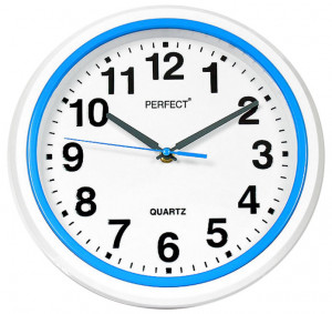 Biały Zegar Ścienny PERFECT - Niebieskie Dodatki - Czytelna Tarcza