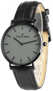 Uniwersalny Zegarek Jordan Kerr - Tłoczony Skórzany Pasek - Czarny z Szarą Tarczą + Czarne Wskazówki - Model Bez Sekundnika