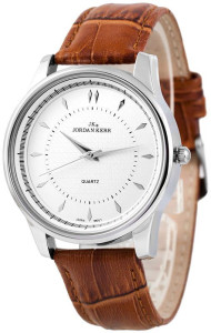 Zegarek Jordan Kerr Na Skórzanym Tłoczonym Pasku - Elegancki Wygląd - Uniwersalny Model - Brązowy Ze Srebrną Tarczą