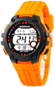 Sportowy Zegarek Wielofunkcyjny XONIX WR100m - Męski i Dla Chłopaka - Elektroniczny Wyświetlacz z Podświetleniem - 8x Alarm, 15x Stoper, 3x Timer, Czas Światowy Dla 24 Stref - Pomatańczowy Syntetyczny Pasek + Pudełko