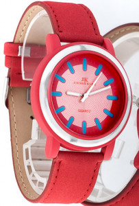 Soczyście Kolorowy Zegarek Jordan Kerr Na Skórzanym Pasku – Damski I Dla Starszej Dziewczynki – Czerwono-Różowy Z niebieskimi Indeksami Godzin
