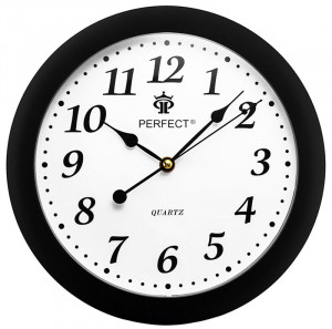 Zegar Ścienny PERFECT - Cichy Płynący Mechanizm - Czarna Ramka Biała Tarcza - Okrągły 28cm Średnicy