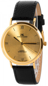 Uniwersalny Klasyczny Zegarek Marki JORDAN KERR – Z Cienką Okrągłą Kopertą Ozdobioną Delikatnym Tłoczeniem Na Złotej Tarczy  