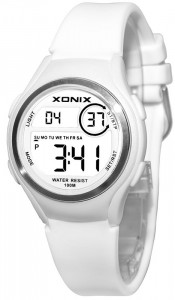 Nieduży Wodoszczelny 100m Zegarek Damski i Dziecięcy XONIX - Wodoszczelny 100m - Sportowy - Elektroniczny LCD - Biały - Boys / Girls