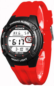 Sportowy Zegarek XONIX - Uniwersalny - Wodoszczelny 100m - Wielofunkcyjny - Stoper 15 Międzyczasów, Timer 3 Interwały, Czas Światowy Dla 24 Stref , 8 Alarmów + inne - Kolor Czerwony
