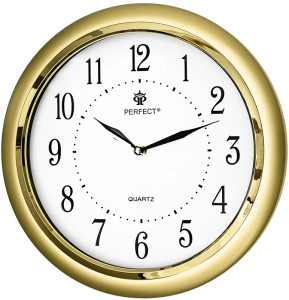 Złoty  Zegar Ścienny PERFECT z Cichym / Płynącym Mechanizmem - 31,5cm Średnicy - Duże Czarne Indeksy Na Białej Tarczy
