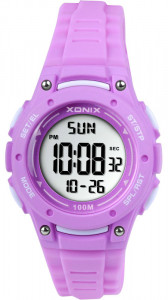 Elektroniczny Dziecięcy / Damski Zegarek XONIX - Mały Rozmiar Na Każdą Rękę - Wodoszczelny 100m - Wielofunkcyjny - Podświetlenie, Budzik, Stoper, Timer - Fioletowy