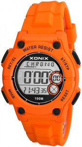 Zegarek Uniwersalny XONIX - Cyfrowy z Masą Funkcji - 8 Alarmów, Stoper 15 Międzyczasów, Timer 3 Interwały, Czas Światowy, WR100m - POMARAŃCZOWY