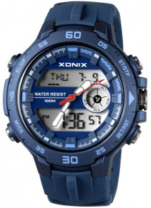 Sportowy Duży Zegarek XONIX - Męski / Młodzieżowy - 5 Budzików, Stoper, Timer - Wskazówki + LCD z Podświetleniem - Wodoszczelny 100m - Gumowy Pasek