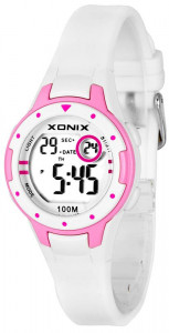 Mały Zegarek Na Każdą Rękę XONIX - Wodoszczelny 100m - Damski i Dla Dziewczynki - Elektroniczny i Wielofunkcyjny - Syntetyczny Matowy Pasek - Antyalergiczny - BIAŁY z Różowymi Dodatkami - Idealny Na Prezent + Pudełko - GIRLS
