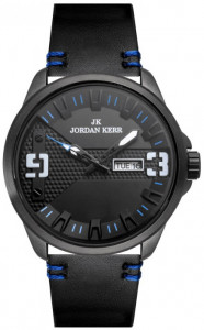 Zegarek Męski Jordan Kerr - Skórzany Pasek - Datownik Dzień Tygodnia + Dzień Miesiąca - Czarny z Niebieskimi Elementami