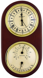 Mały Zegar Ścienny z Wilgotnościomierzem i Termometrem - Drewniana Brązowa Obudowa i Złote Tarcze