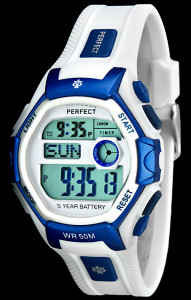 Biało Niebieski Męski i Młodzieżowy Zegarek Sportowy PERFECT - Elektroniczny - Wielofunkcyjny - AM PM, Druga Strefa Czasowa, Stoper 12 Międzyczasów, 3x Alarm, Timer, Data + Pudełko